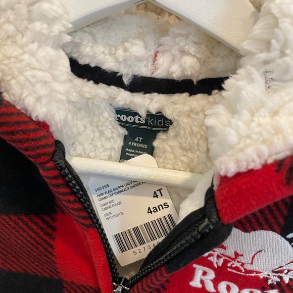 Toddler Roots Sherpa Lined Red Buffalo Plaid Full Zip Hoodie Size 4T New - Picture 2 of 4